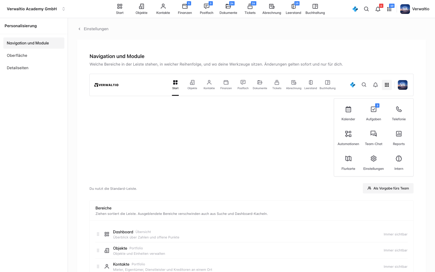Die Einstellung Navigation und Module mit der Leisten-Vorschau und dem Werkzeug-Raster