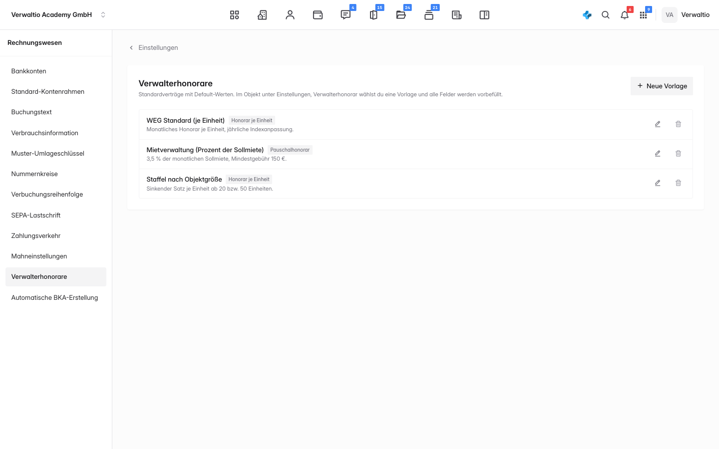 Die Standardverträge unter Einstellungen mit Berechnungsart je Vorlage