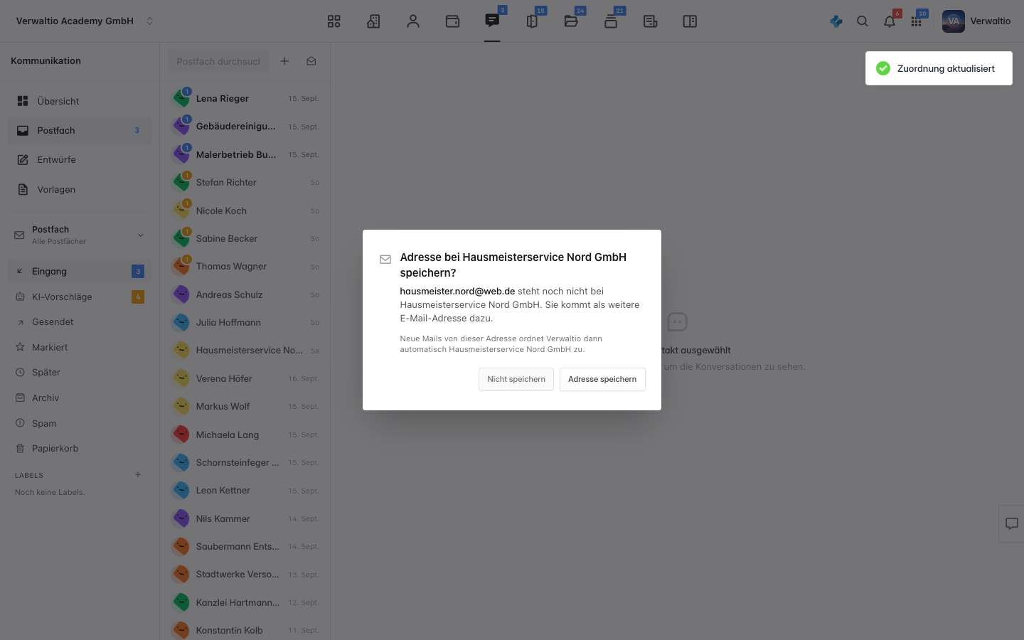 Die Rückfrage, ob die Absenderadresse beim Kontakt gespeichert werden soll