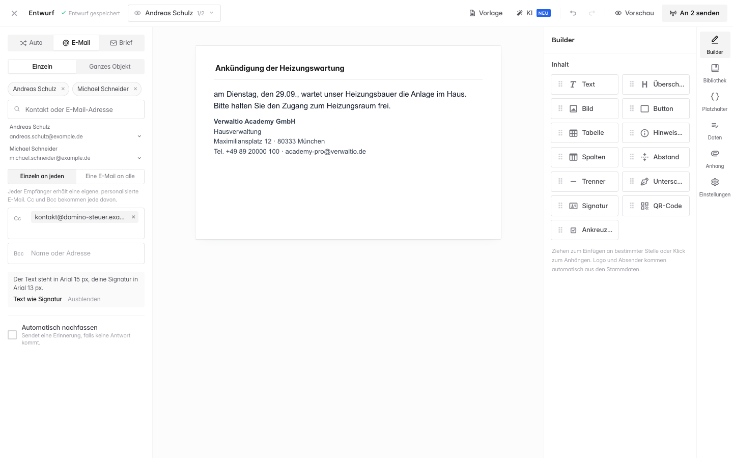 Zwei Empfänger mit Cc und der Wahl zwischen Einzeln an jeden und Eine E-Mail an alle