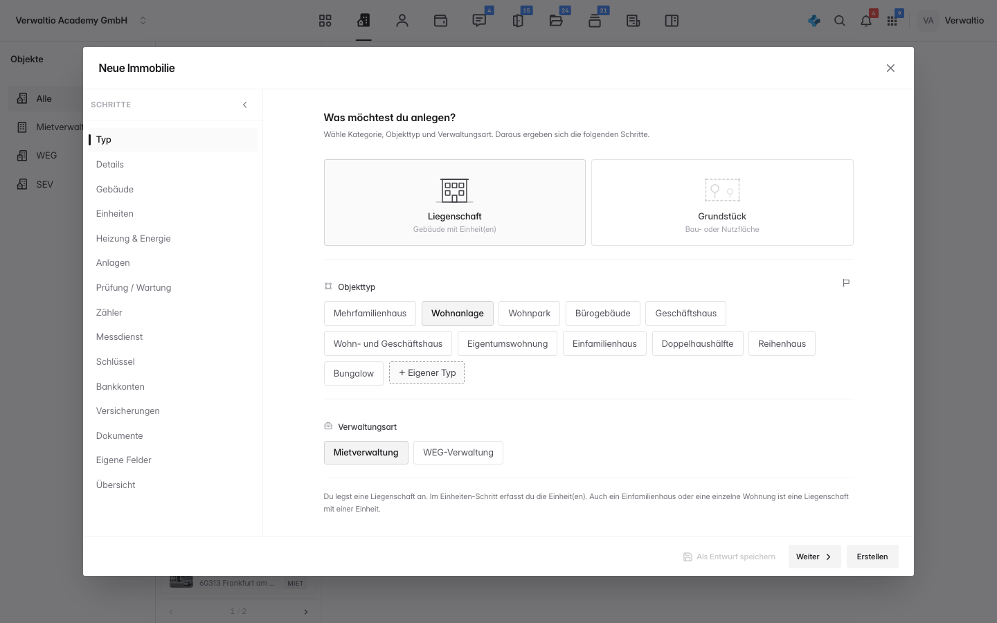 Objekttyp Wohnanlage gewählt, die Schrittliste links bekommt einen Punkt Gebäude