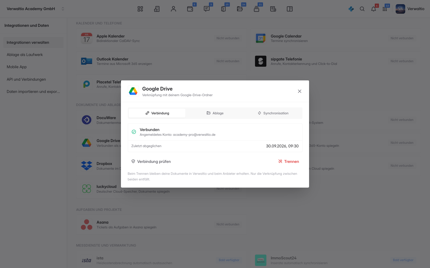 Der Reiter Verbindung mit dem angemeldeten Google-Konto