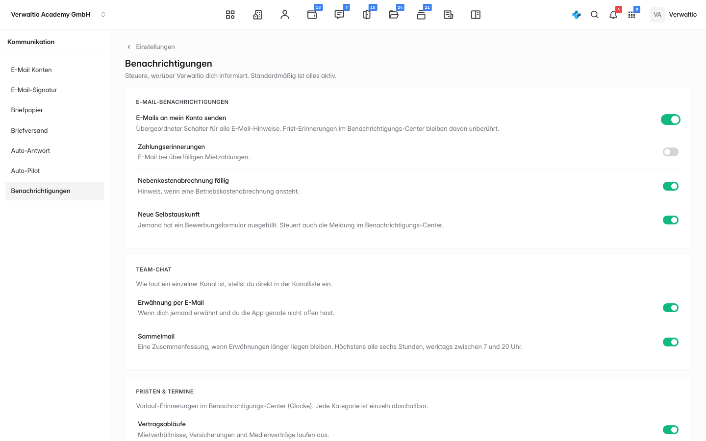 Die Zahlungserinnerungen sind abgeschaltet, alles andere bleibt an