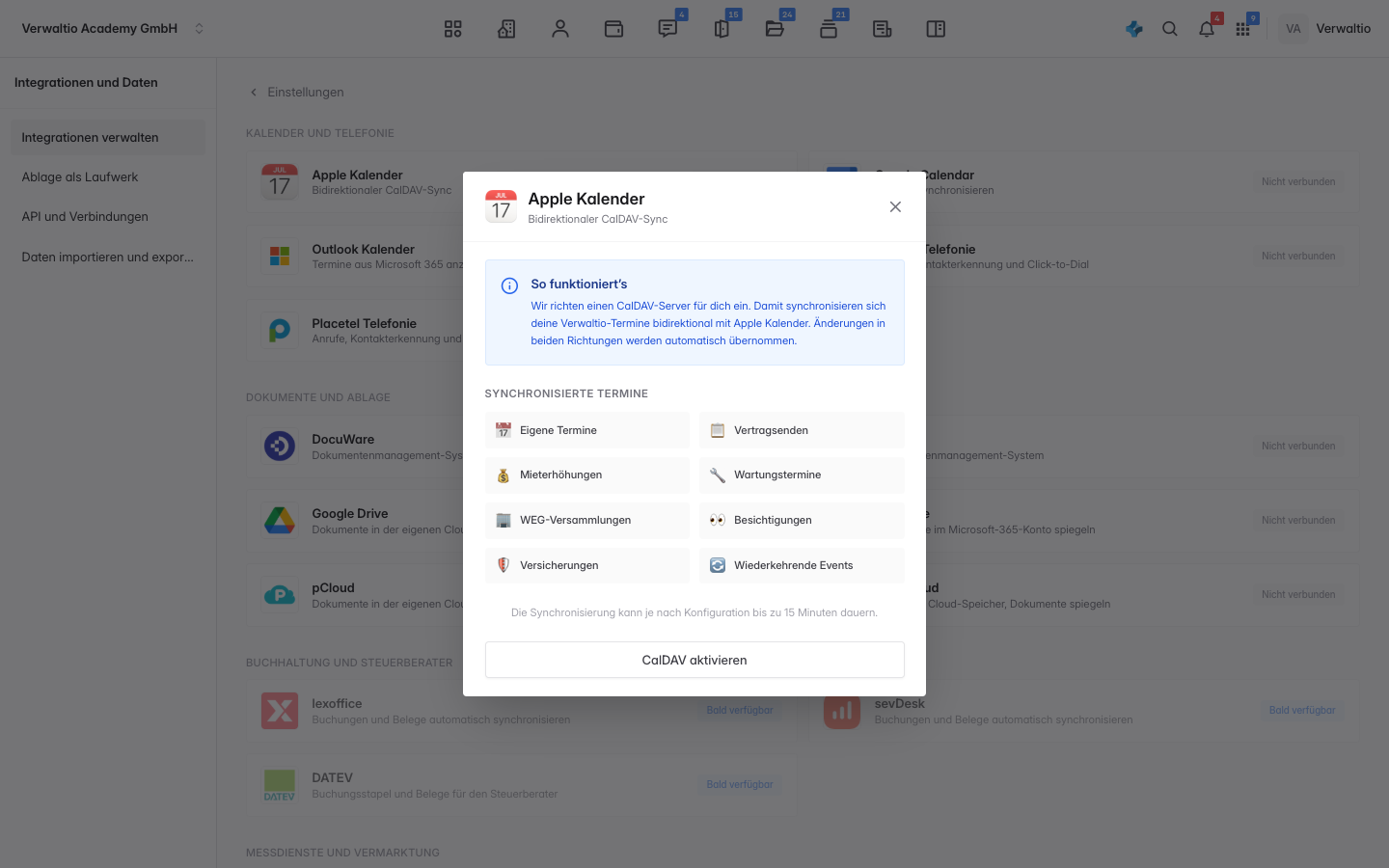 Die Apple-Kalender-Anbindung über CalDAV mit den synchronisierten Terminarten