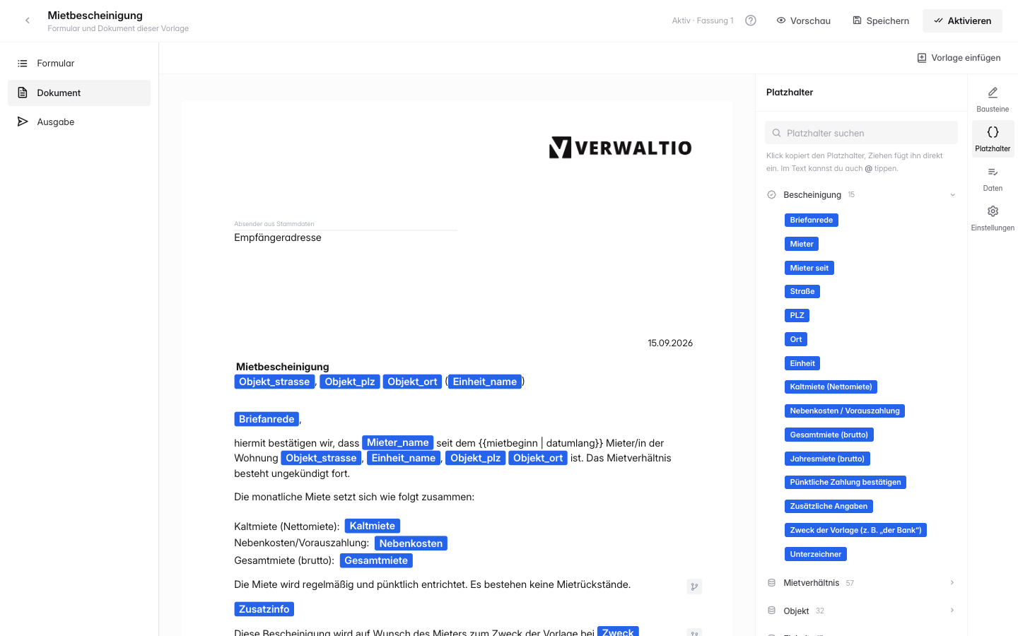 Das Platzhalter-Menü im Designer mit den Feldern des Formulars und der Datenquellen