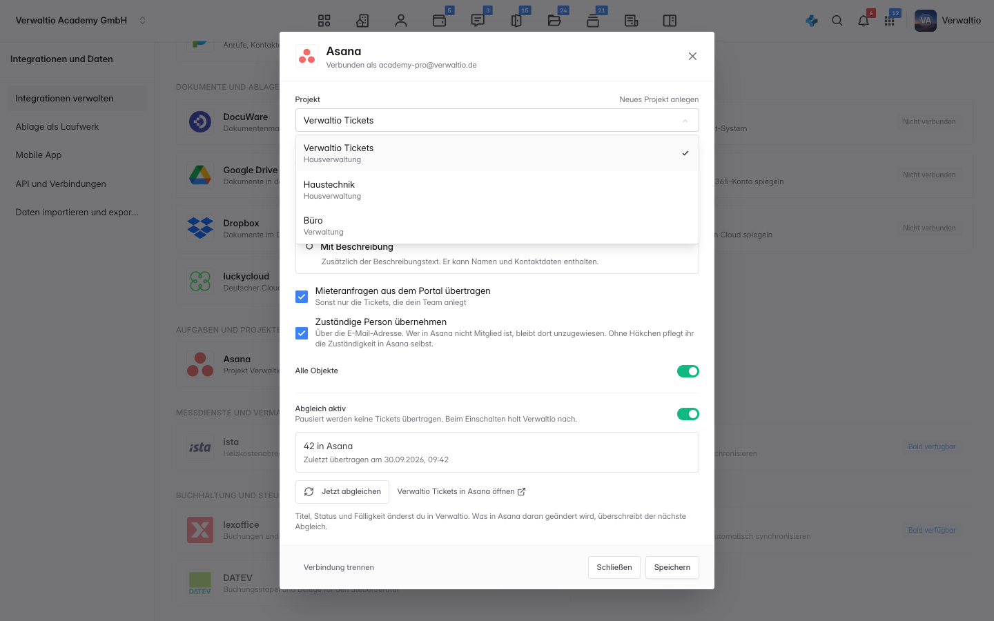 Die Projektauswahl mit den Asana-Projekten und ihrem Team