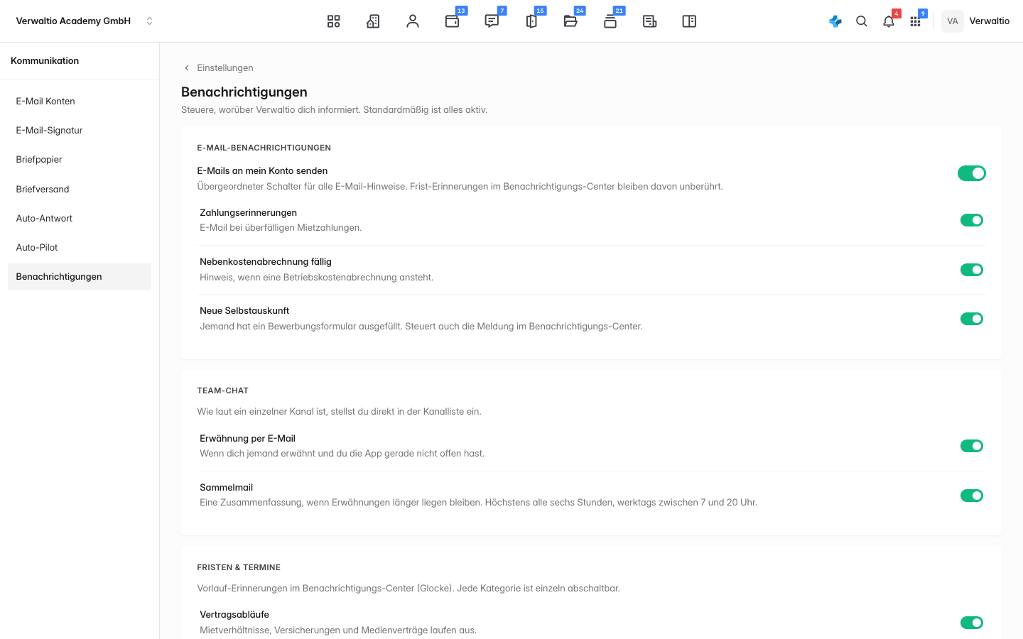 Die Benachrichtigungen mit dem übergeordneten Schalter und den Themen darunter