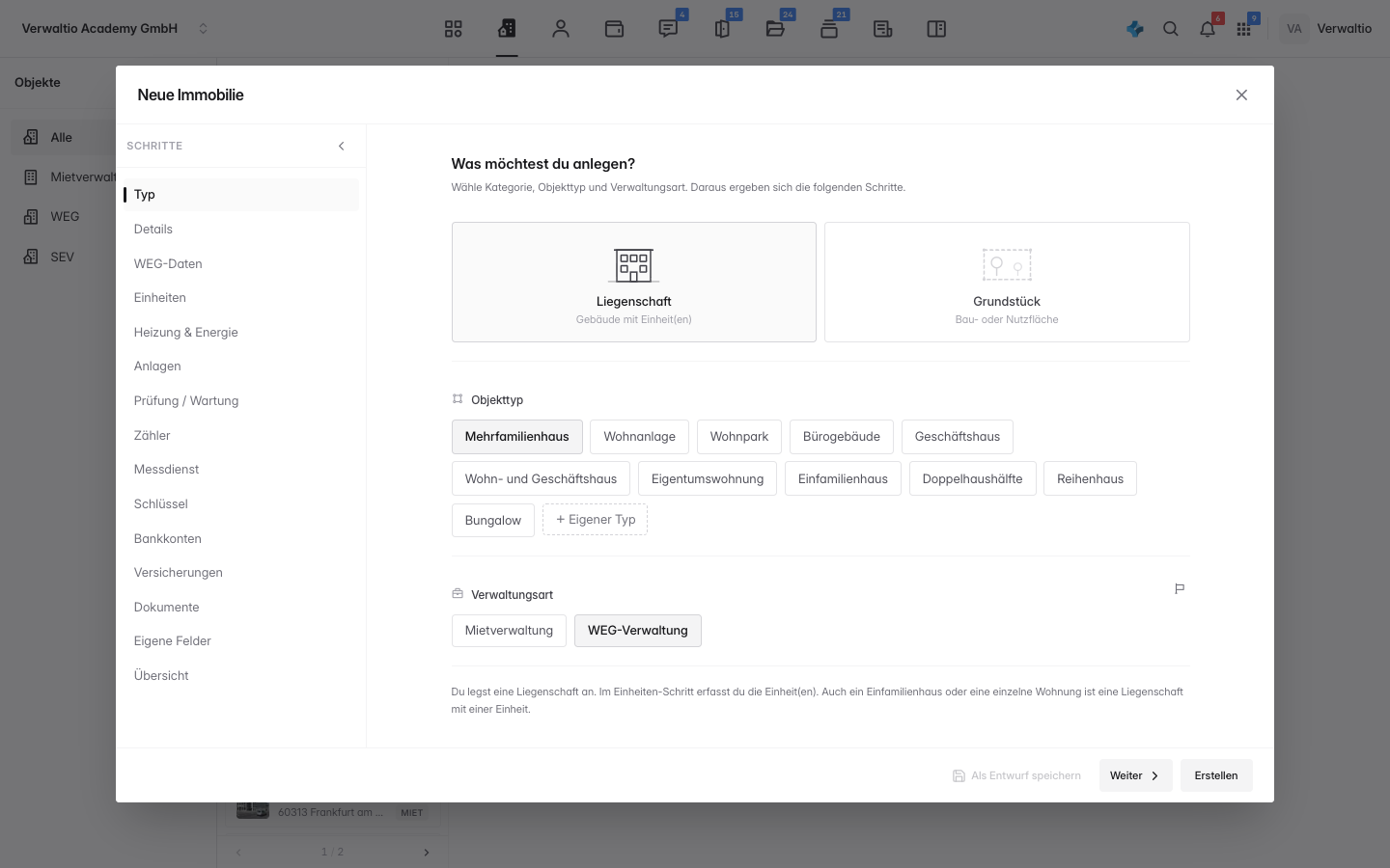 Der Objekt-Assistent mit gewählter Verwaltungsart WEG-Verwaltung