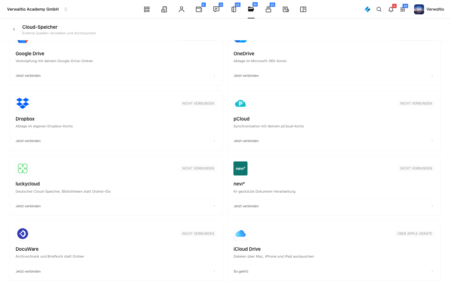 Die Cloud-Speicher unter Dokumente mit der Karte iCloud Drive und dem Stand Über Apple-Geräte