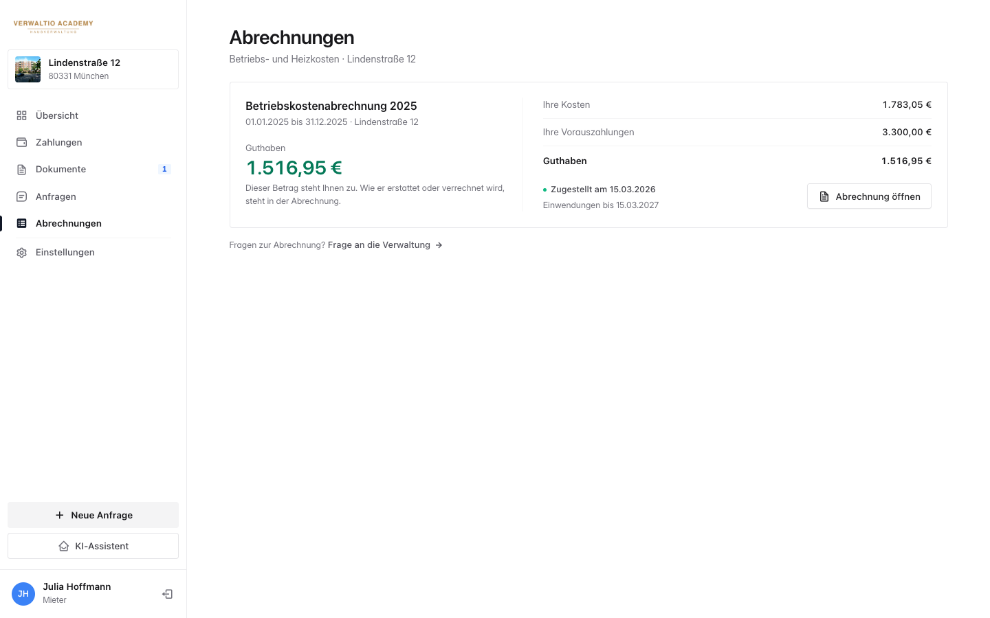 Die Betriebskostenabrechnung im Mieterportal mit Guthaben, Kosten und Vorauszahlungen