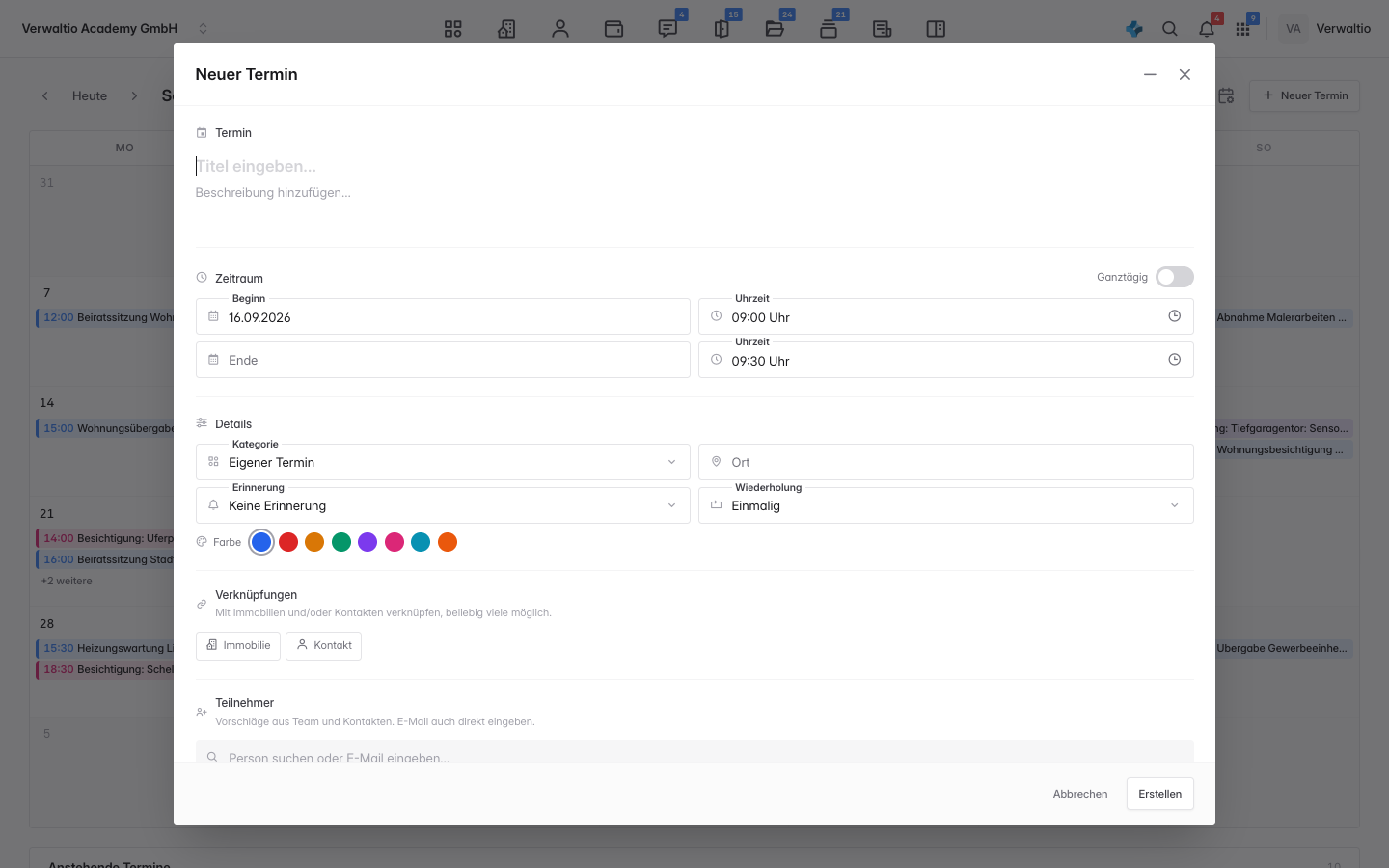 Ansicht zum Anlegen eines Termins mit Titel, Zeitraum und Details