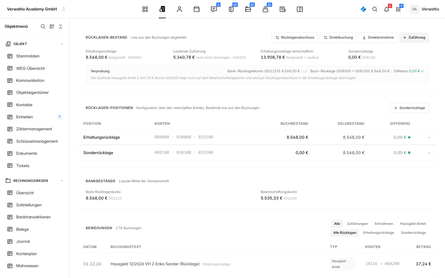 Der Rücklagen-Bestand mit Verprobung, Positionen, Bankbeständen und Bewegungen