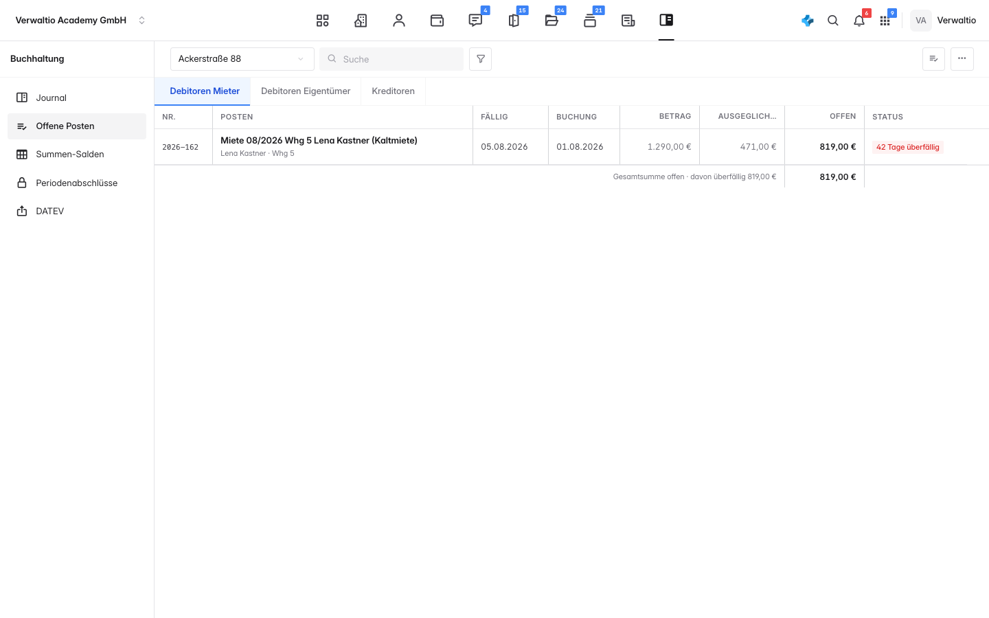 Die offenen Posten eines Objekts mit Betrag, Ausgeglichen, Offen und Überfälligkeit