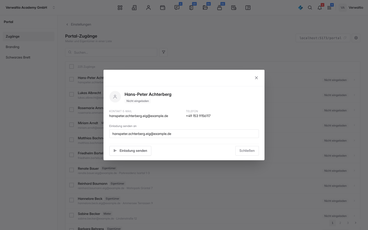 Ansicht zum Versenden einer Portal-Einladung an einen Kontakt