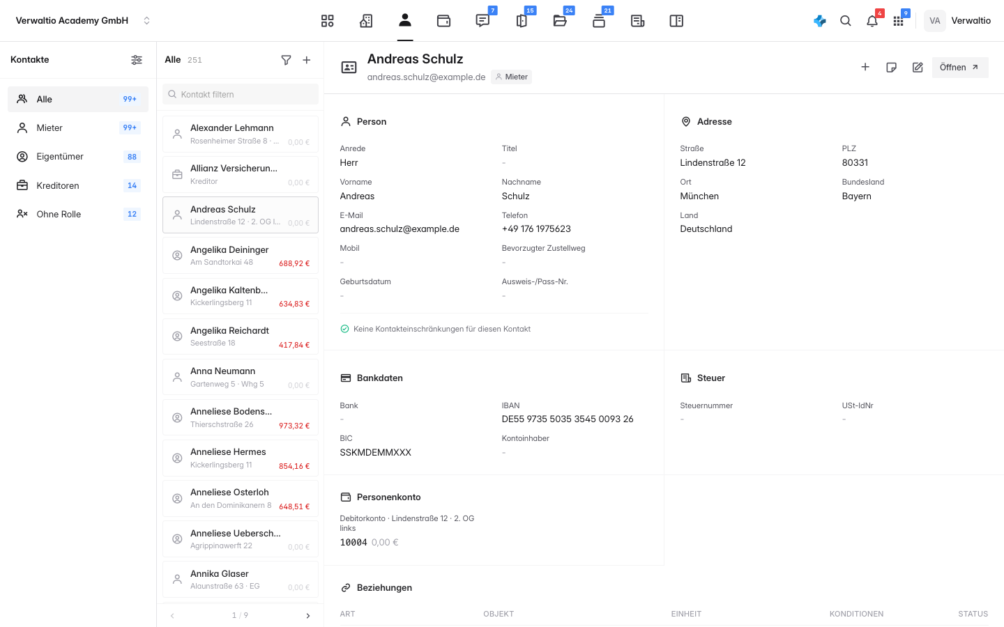 Der neue Kontakt in der Liste mit seinen Stammdaten im Detailbereich