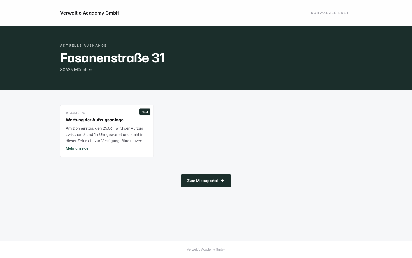 Öffentliche Aushangseite, die Mieter nach dem QR-Scan ohne Login sehen
