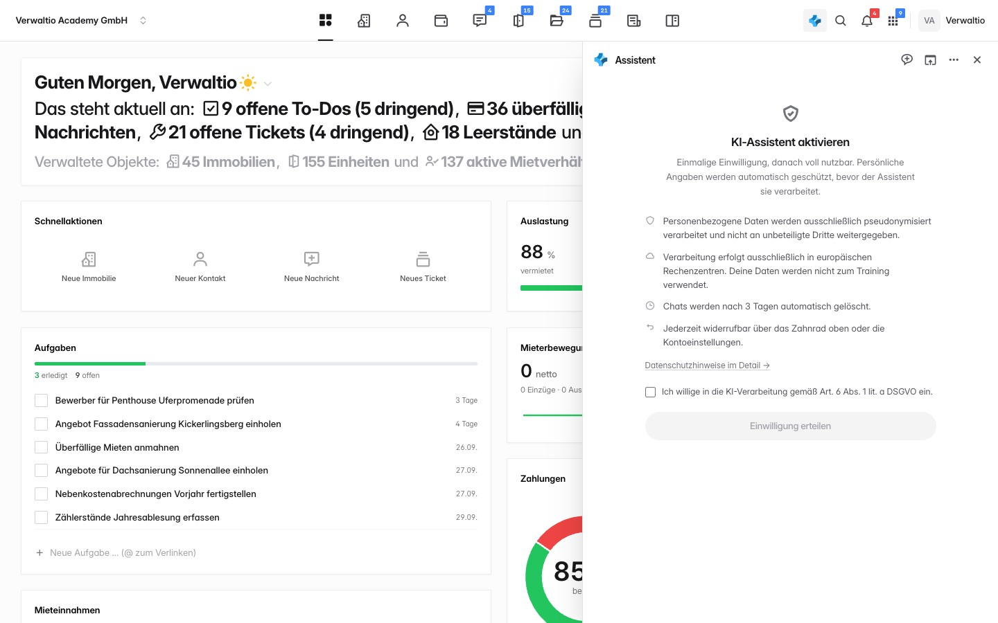 Einwilligungsbildschirm des KI-Assistenten mit den Datenschutzhinweisen