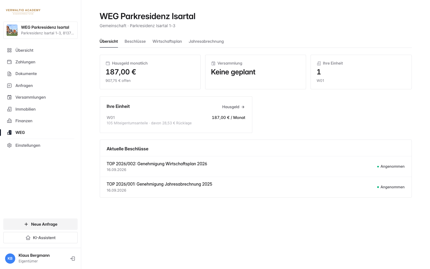 Der WEG-Bereich im Portal mit Übersicht, Beschlüssen, Wirtschaftsplan und Jahresabrechnung