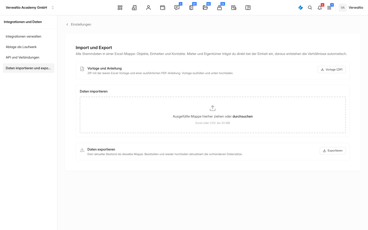 Einstellungen, Bereich Import und Export mit Vorlage, Upload und Export