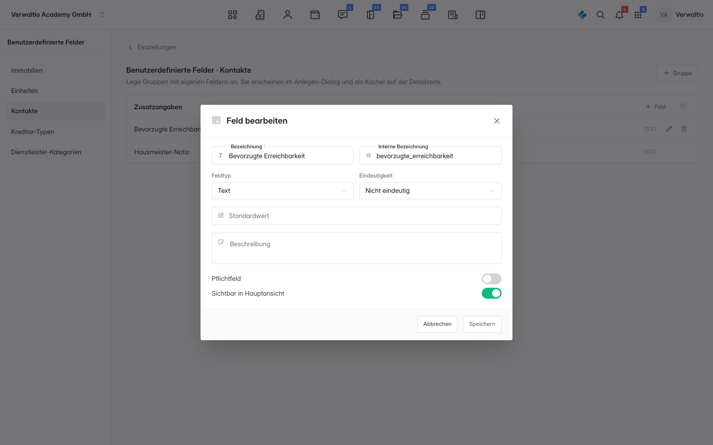 Dialog zum Anlegen eines Feldes mit Bezeichnung, Feldtyp und Optionen