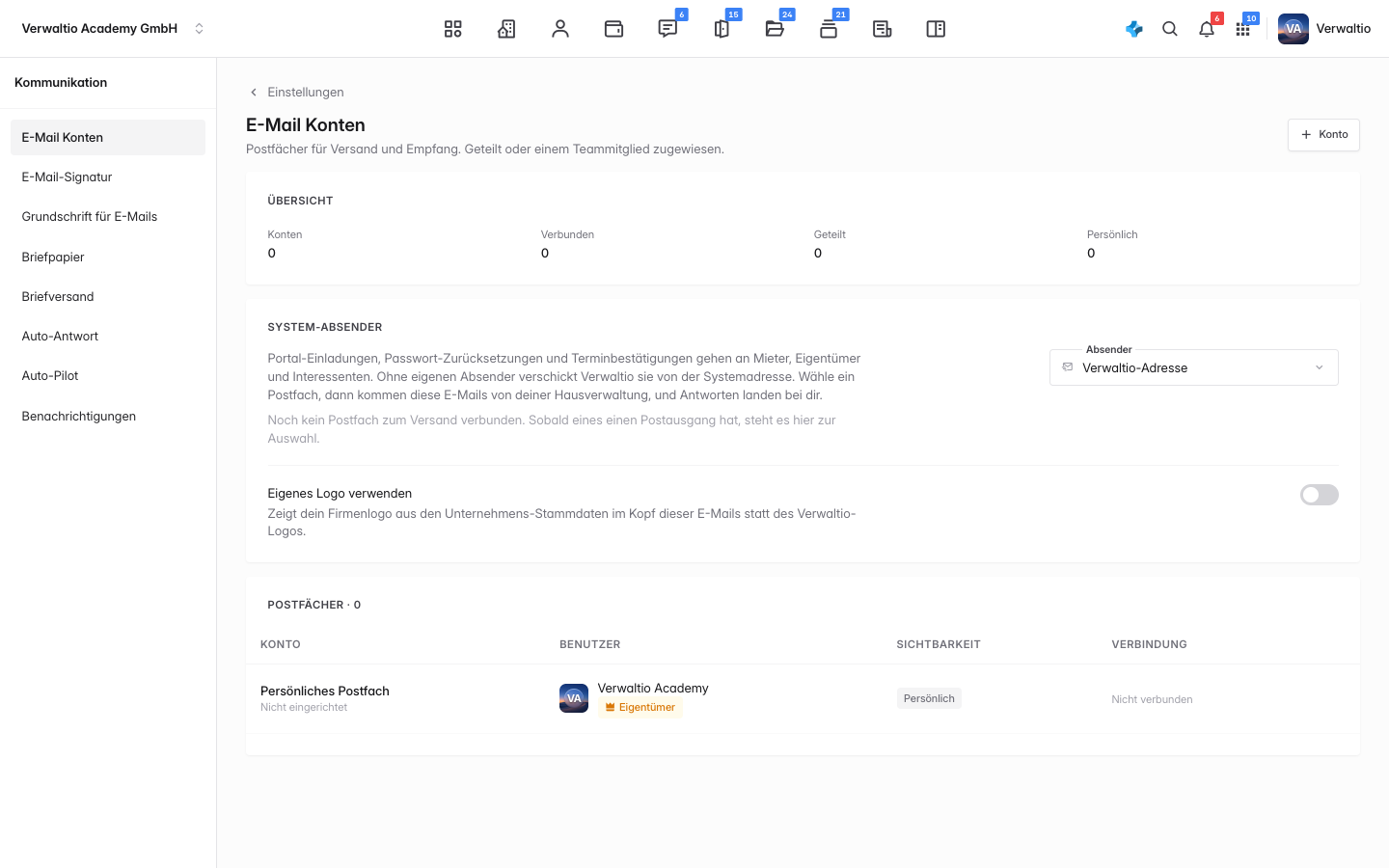 Die Seite E-Mail Konten in den Einstellungen