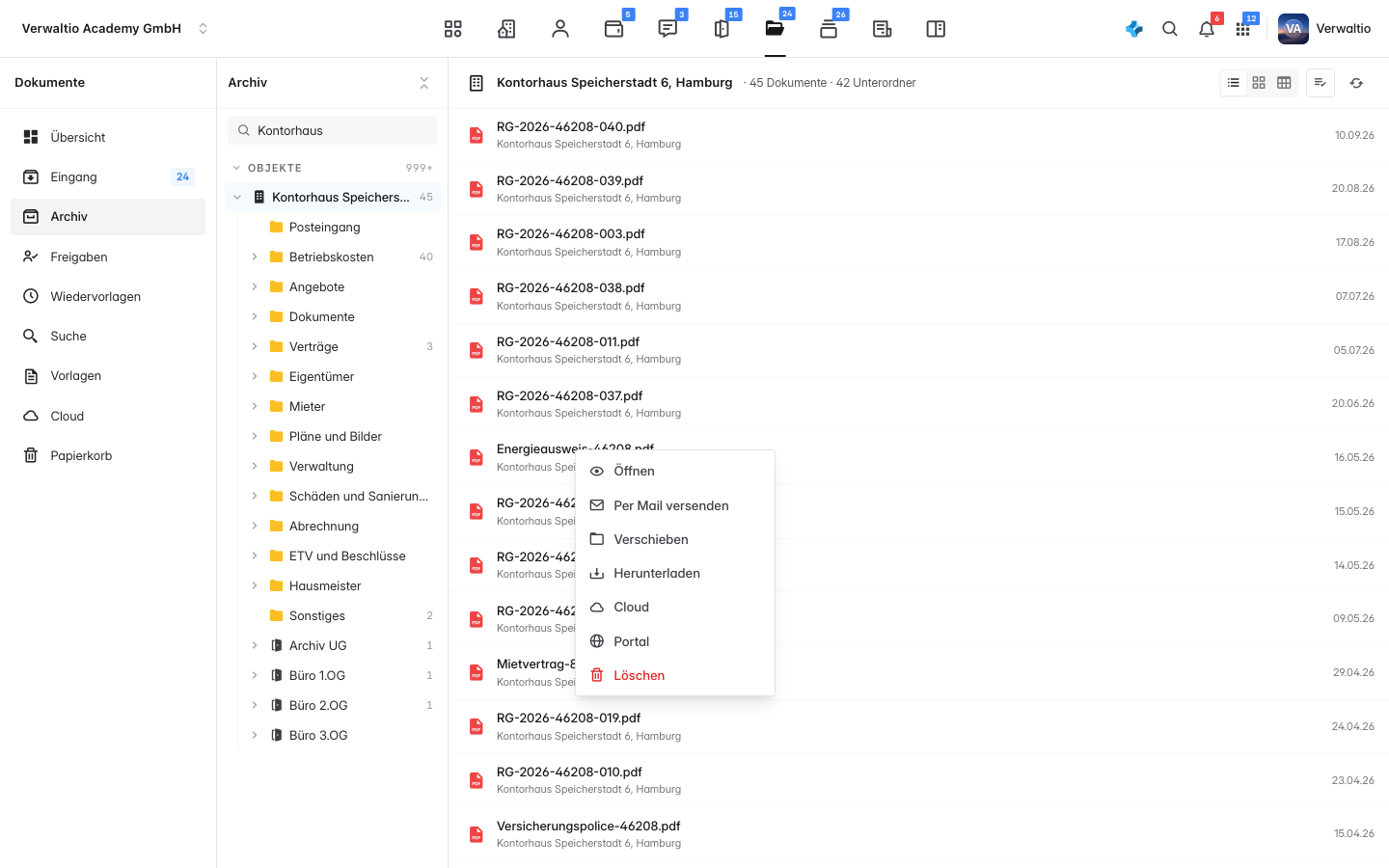 Das Archiv mit geöffnetem Menü an einem Dokument und dem Eintrag Portal