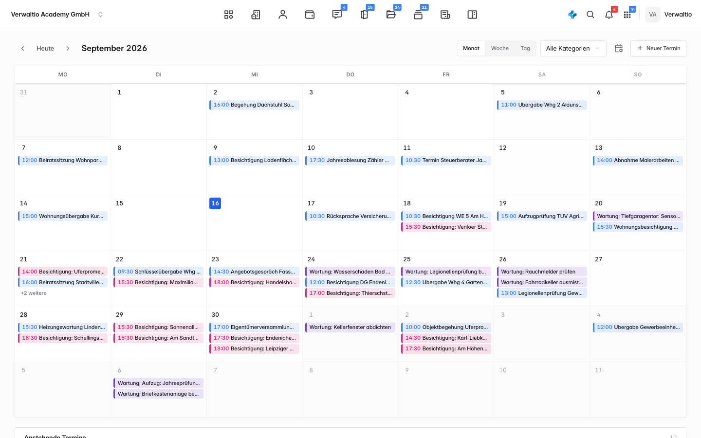 Kalender in der Monatsansicht mit einem eingetragenen Termin