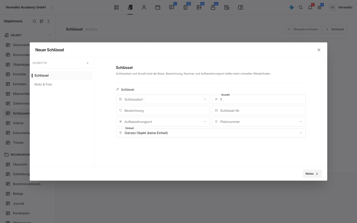 Dialog Neuer Schlüssel mit Art, Anzahl, Nummer und Aufbewahrungsort
