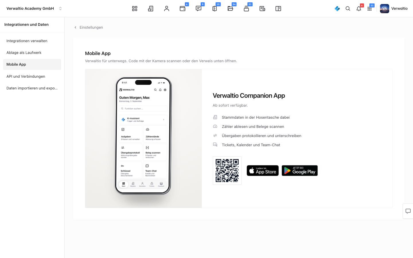 Einstellungen → Mobile App mit QR-Code und den Verweisen auf App Store und Google Play
