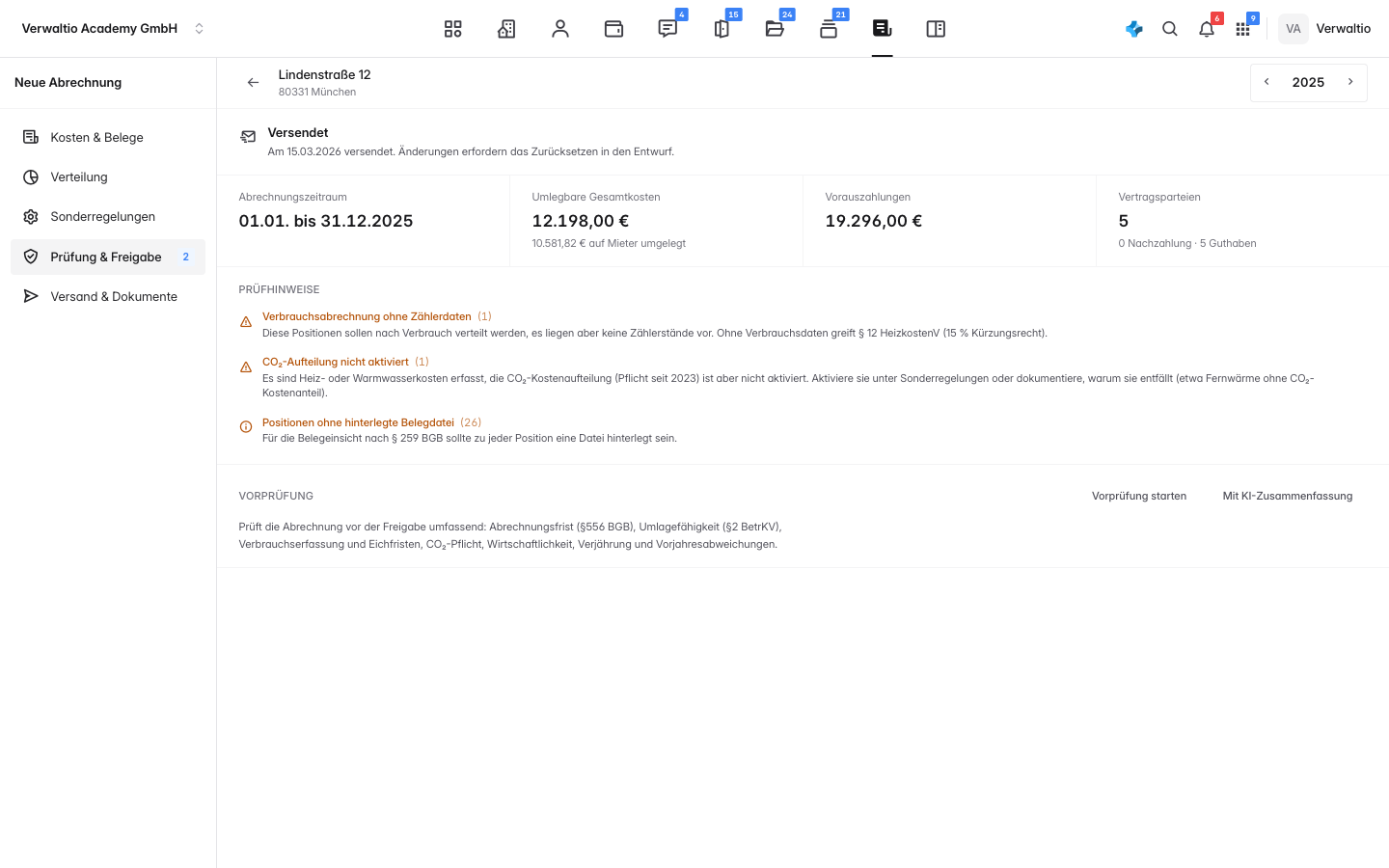 Derselbe Abschnitt nach dem Versand mit Datum und dem Hinweis auf das Zurücksetzen