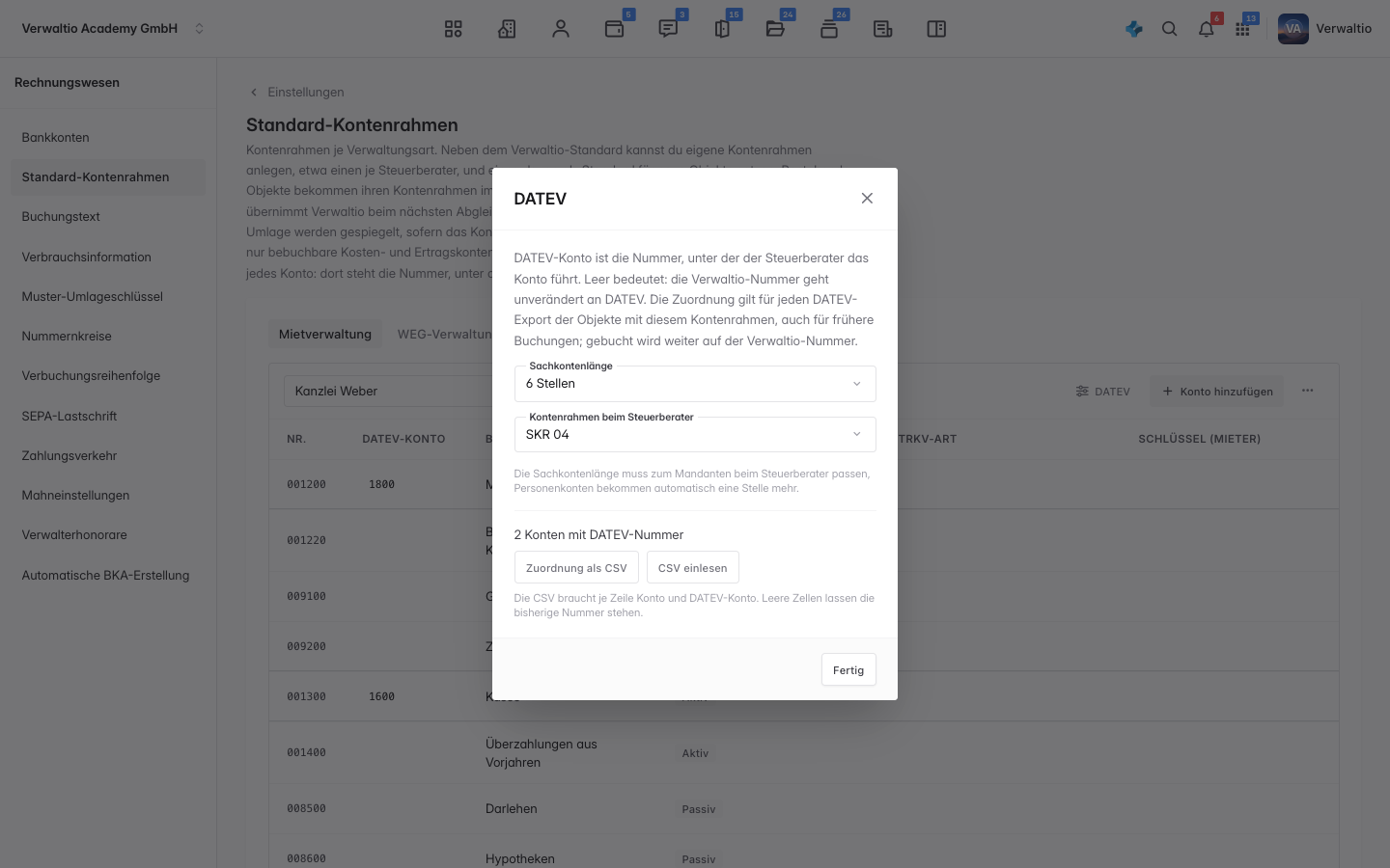 Der Dialog DATEV mit Sachkontenlänge, Kontenrahmen beim Steuerberater und dem CSV-Austausch