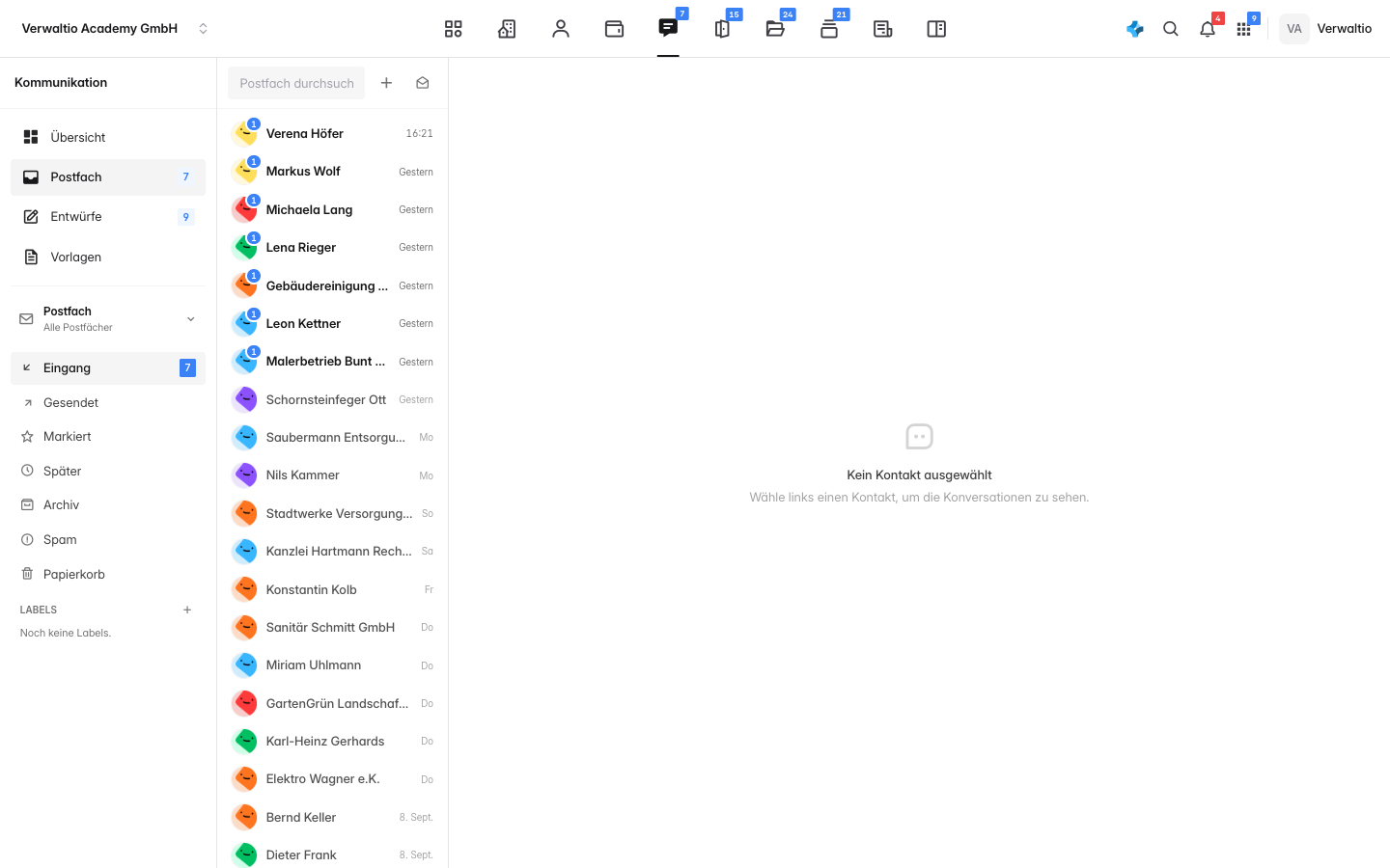 Der Bereich Kommunikation mit Postfach, Entwürfen und Vorlagen