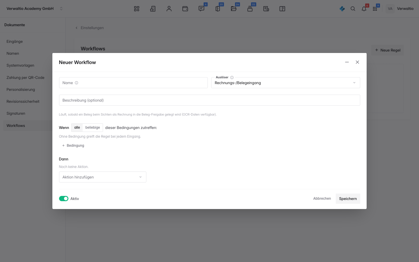 Die Maske für eine neue Workflow-Regel