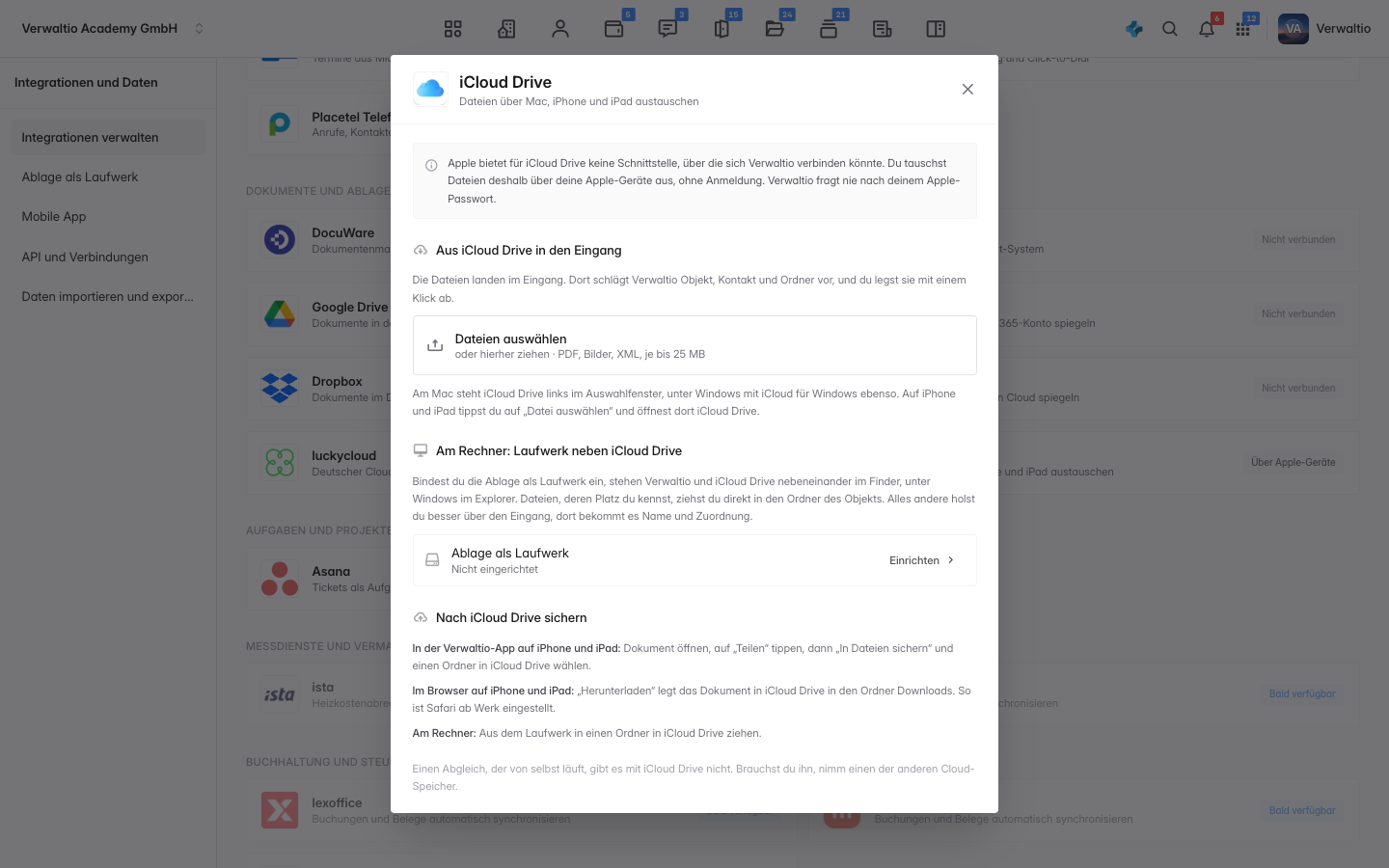 Der Dialog iCloud Drive mit dem Hinweis zur fehlenden Schnittstelle und dem Knopf Dateien auswählen