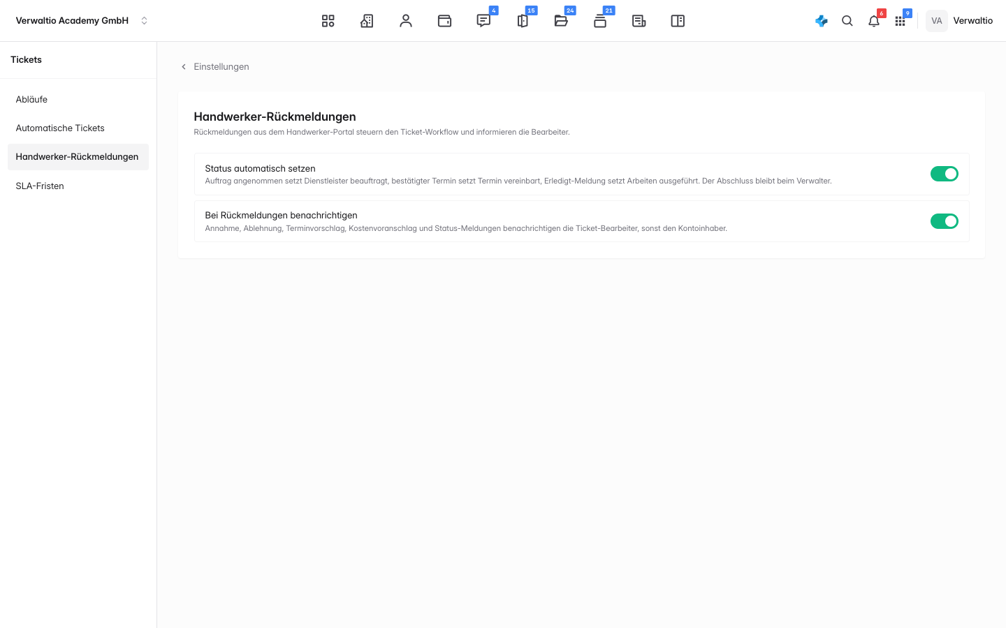Die Einstellungen für Handwerker-Rückmeldungen