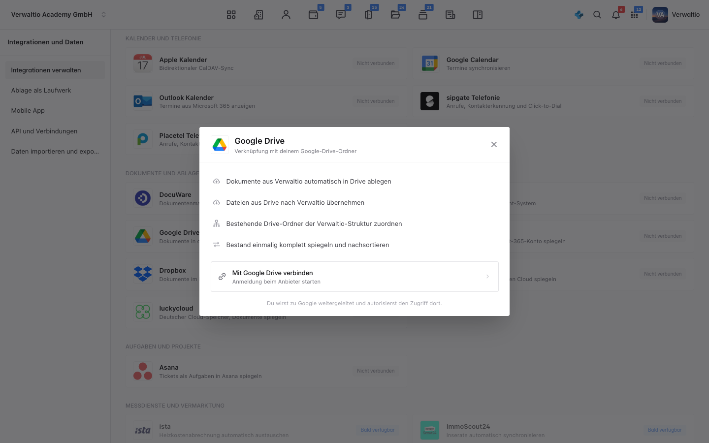 Der Google-Drive-Dialog vor dem Verbinden mit dem Knopf Mit Google Drive verbinden