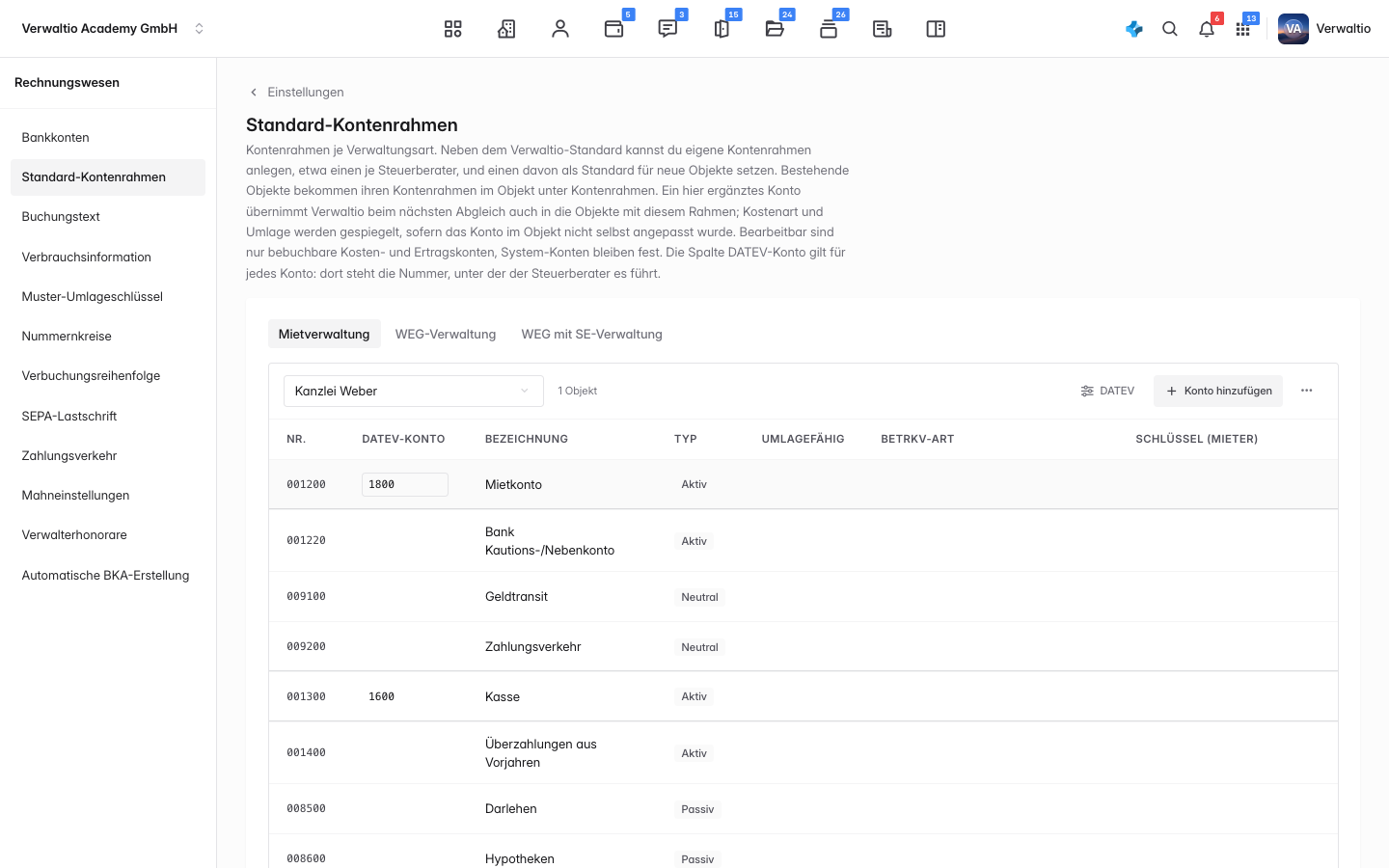 Die Einstellungen Standard-Kontenrahmen mit Auswahl des Kontenrahmens und der Spalte DATEV-Konto