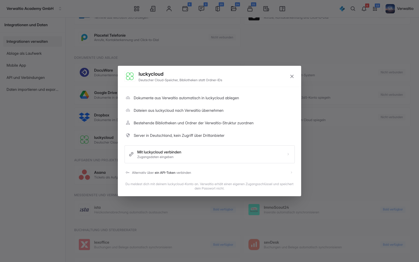 Der luckycloud-Dialog vor dem Verbinden mit dem Knopf Mit luckycloud verbinden