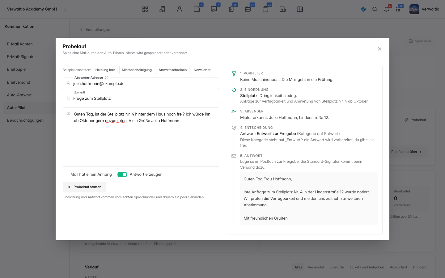 Der Probelauf: eine Mail läuft durch Vorfilter, Einordnung, Absender, Entscheidung und Antwort