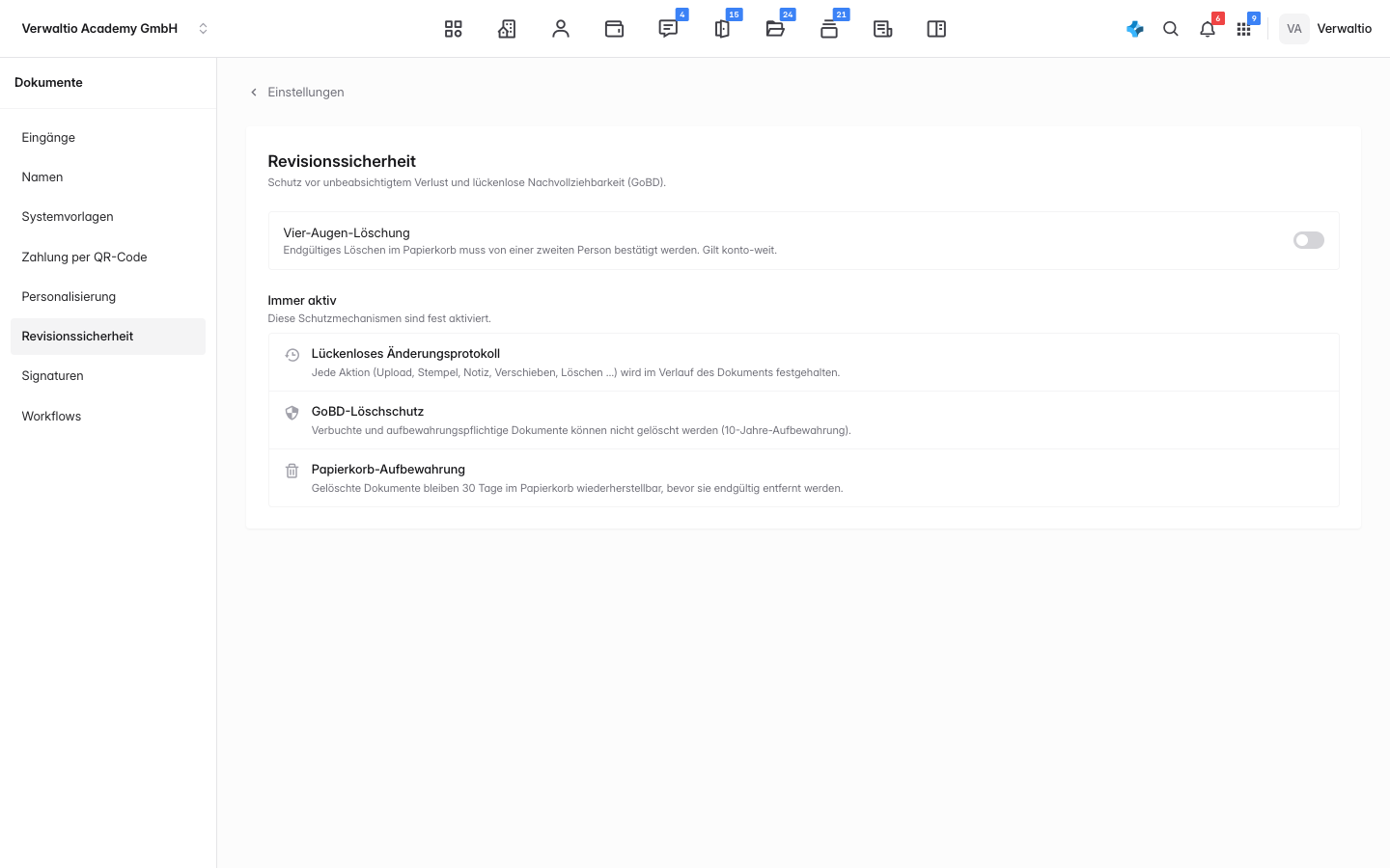 Die Einstellungen zur Revisionssicherheit