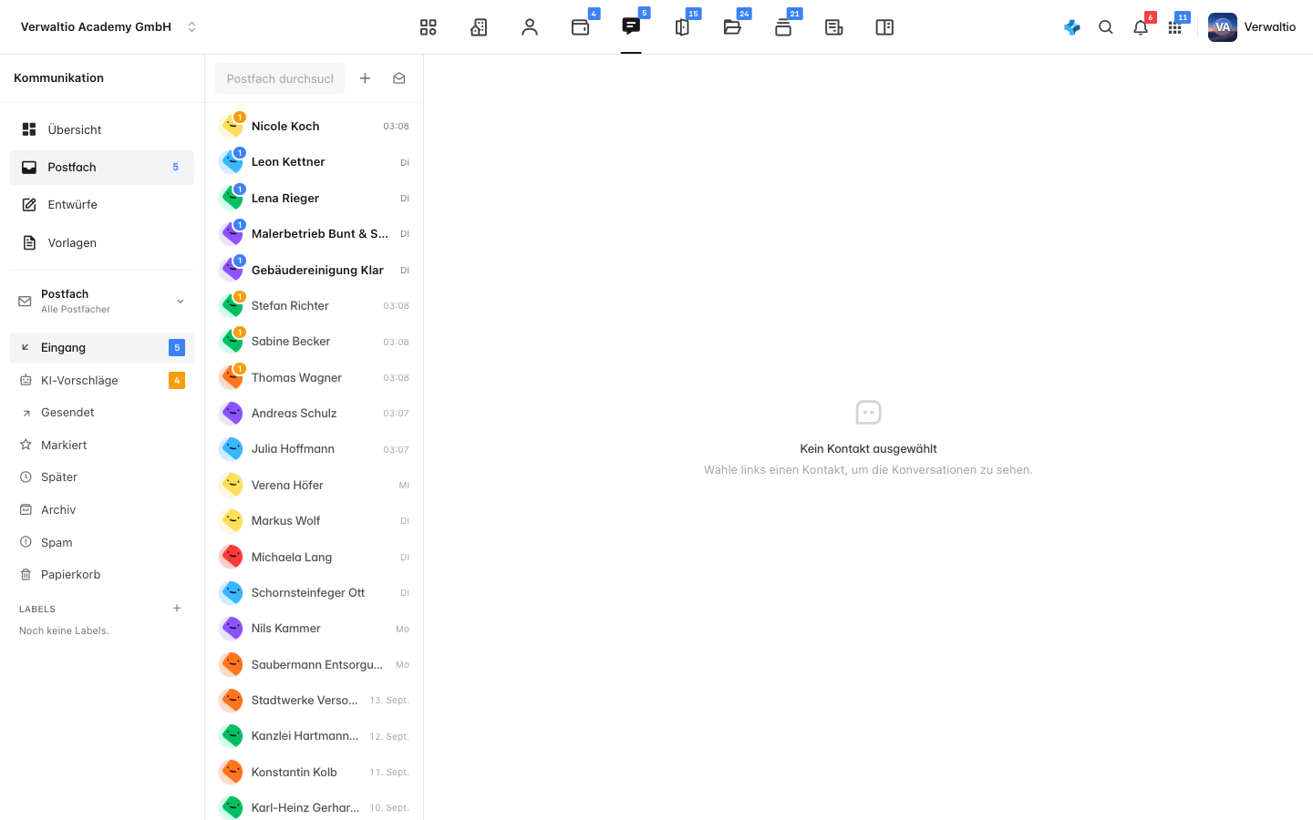 Das Postfach mit den Ordnern links und der Kontaktspalte daneben