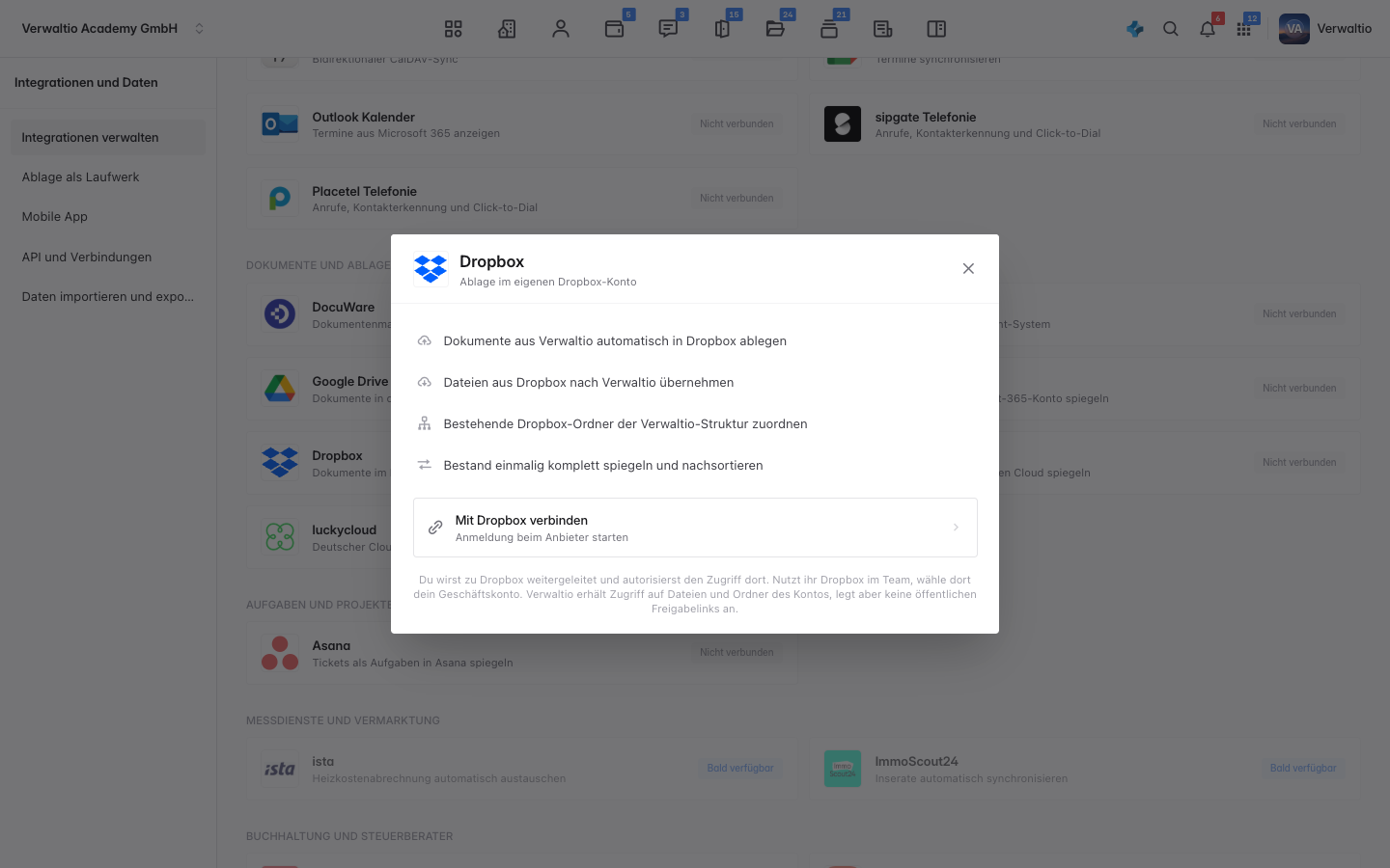 Der Dropbox-Dialog vor dem Verbinden mit dem Knopf Mit Dropbox verbinden