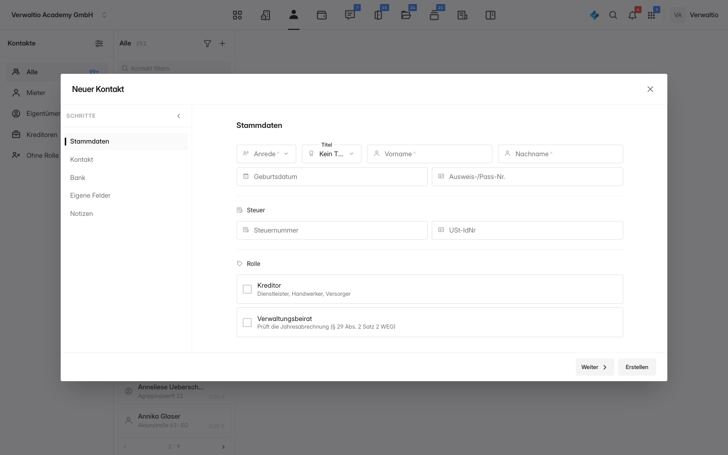 Geöffnete Kontakt-Ansicht mit der Schritt-Navigation links