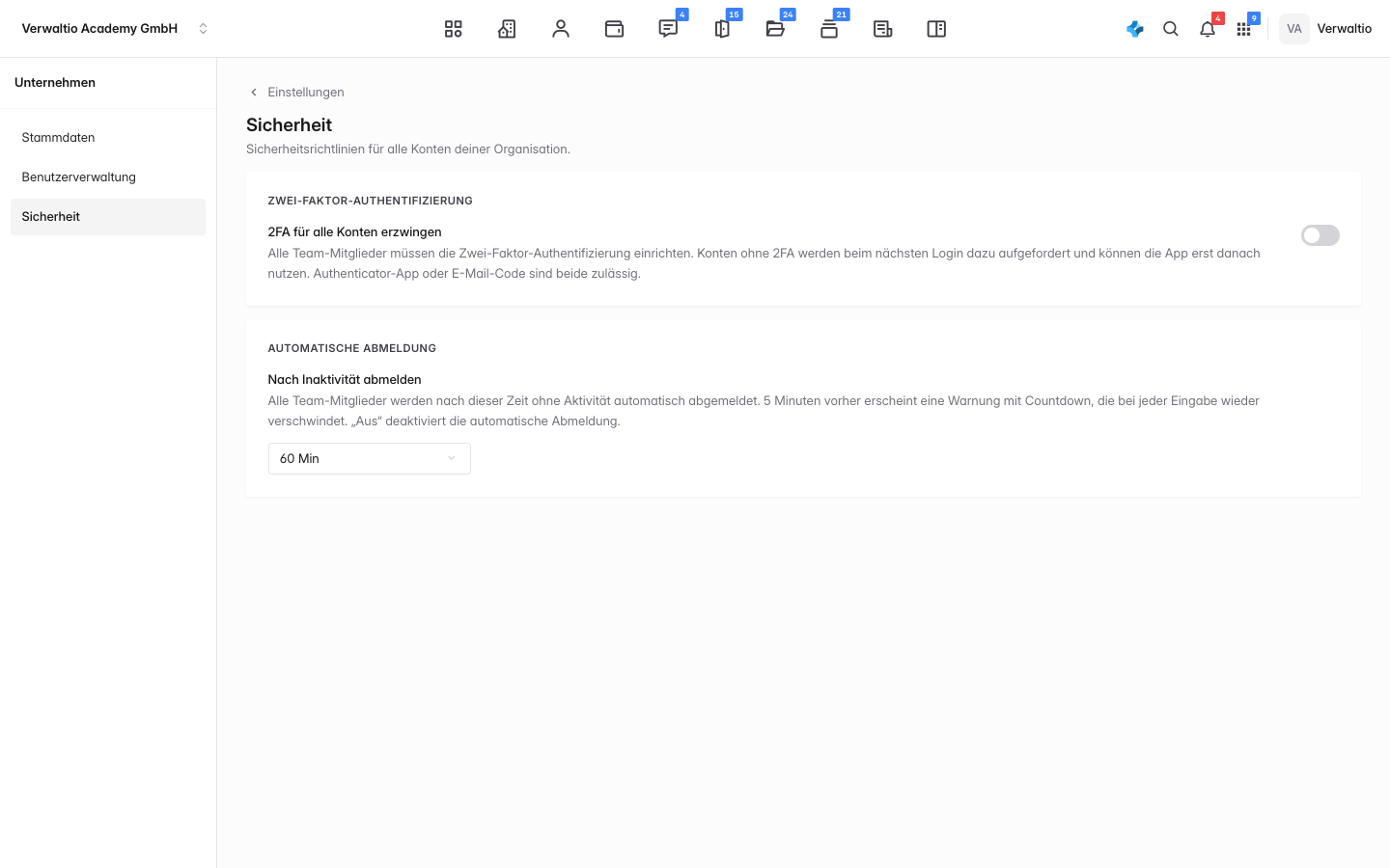 Die team-weite Sicherheit mit dem Schalter 2FA für alle Konten erzwingen