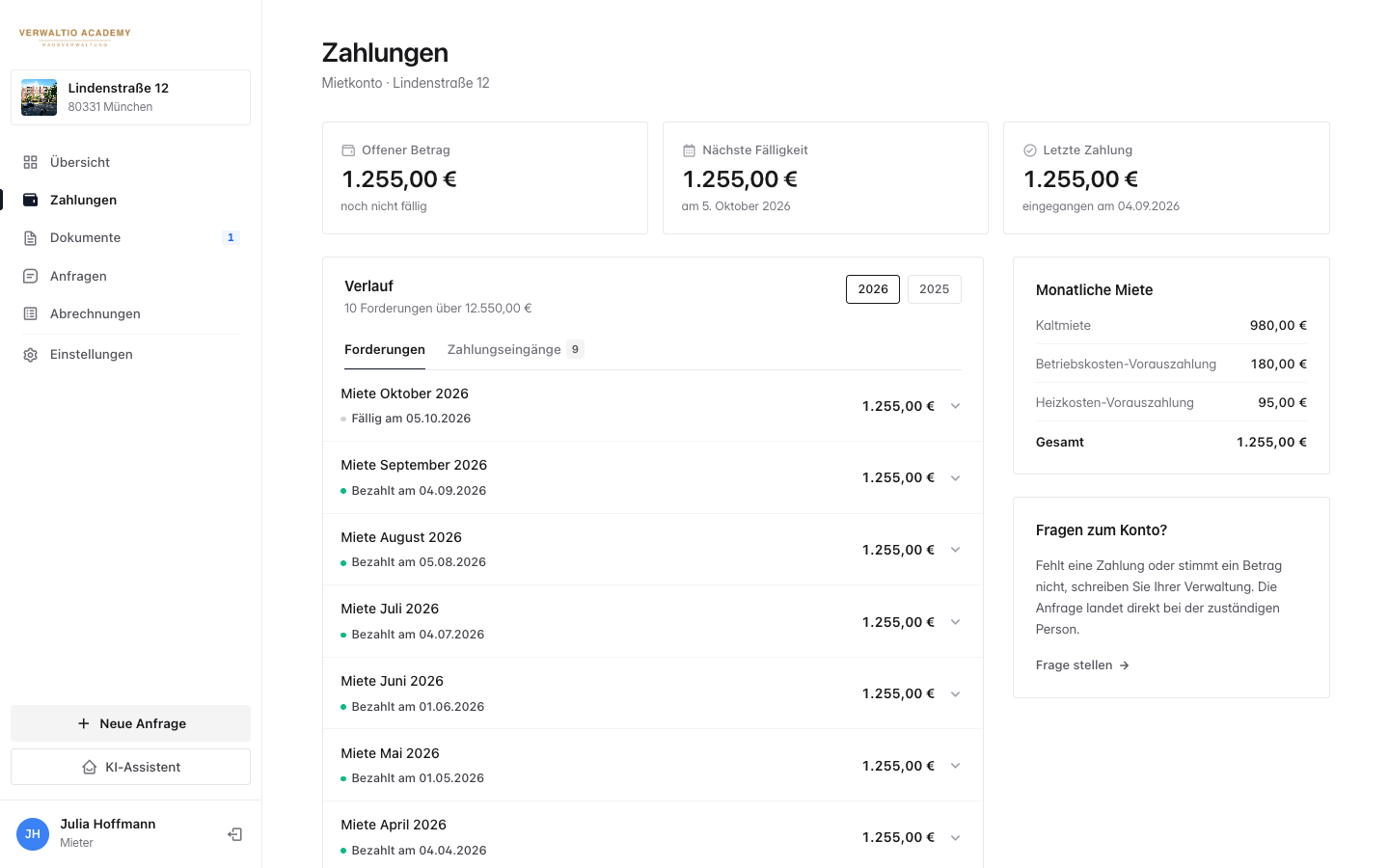 Das Mietkonto im Portal mit Kontostand, nächster Fälligkeit und den Monaten