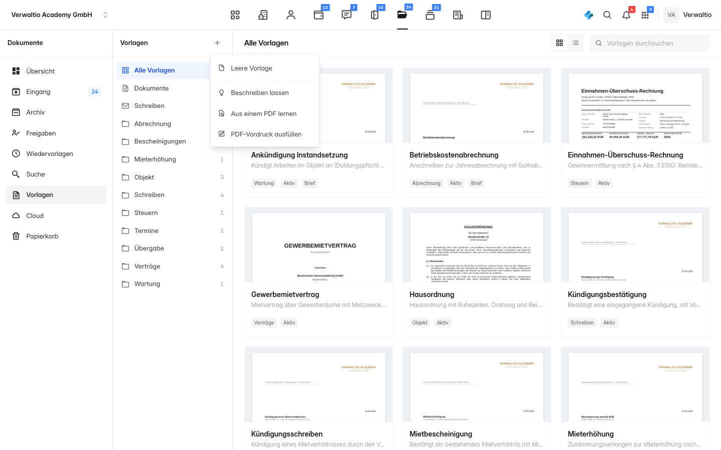 Das geöffnete Menü am Plus mit den Einträgen Leere Vorlage, Beschreiben lassen und Aus einem PDF lernen