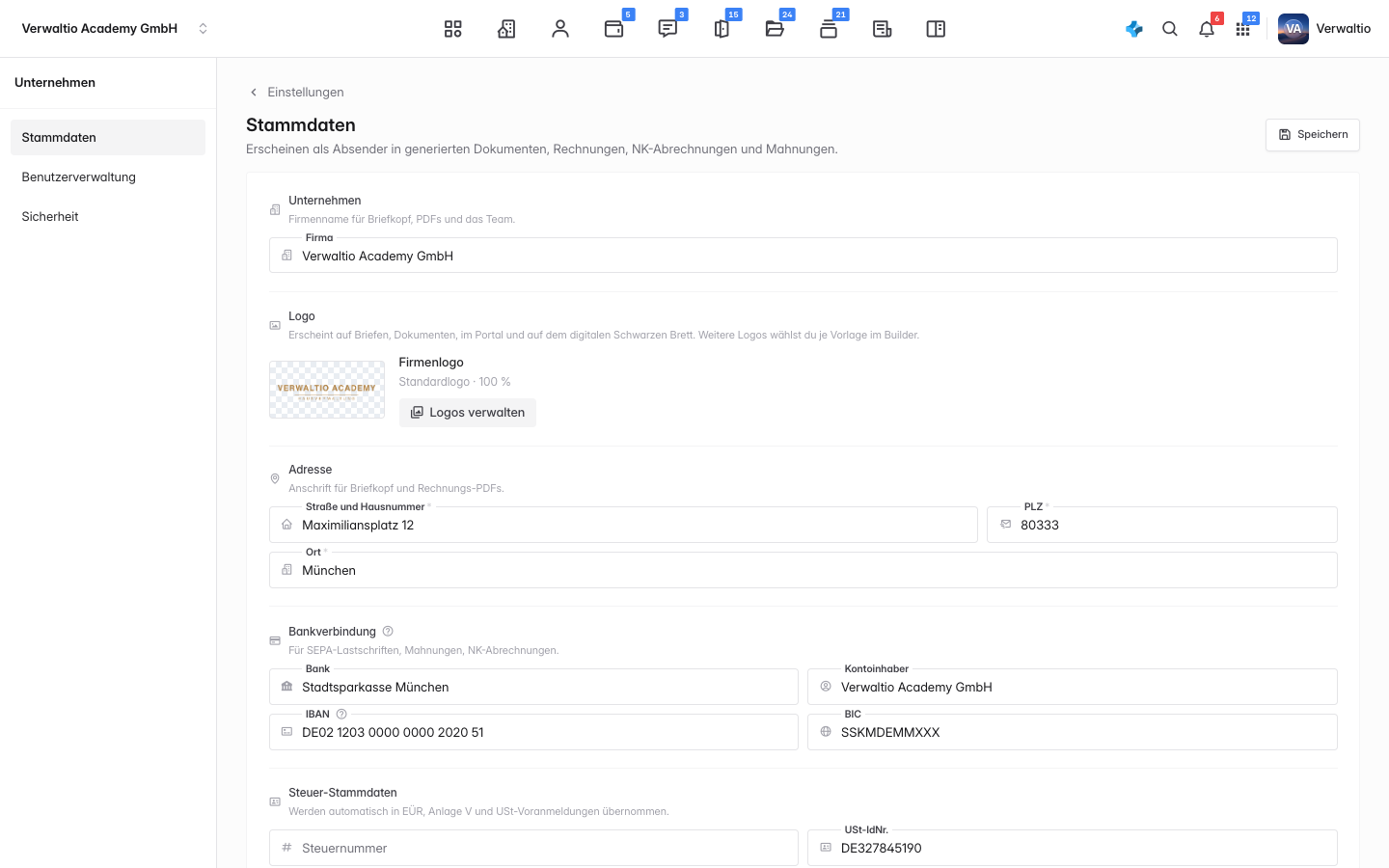 Die Stammdaten mit Firmenname, Logo, Adresse und Bankverbindung
