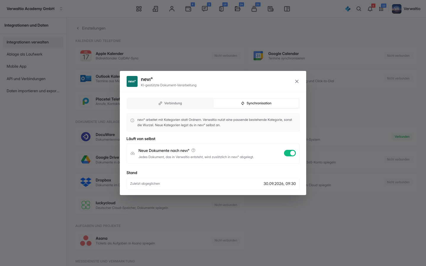 Der Reiter Synchronisation mit dem Hinweis zu Kategorien und dem Schalter für neue Dokumente