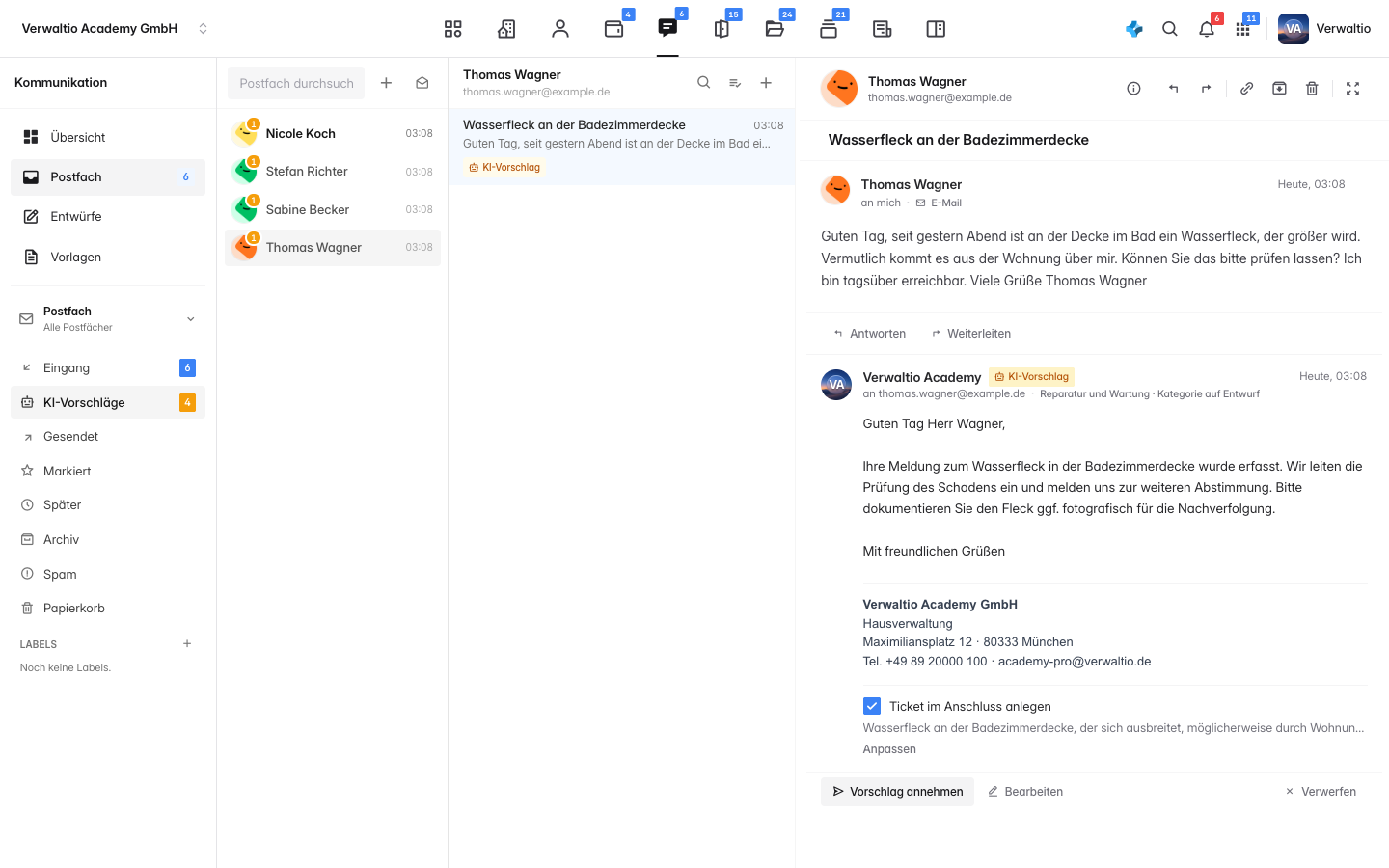 Ein Vorschlag zu einer Schadensmeldung mit dem Häkchen Ticket im Anschluss anlegen