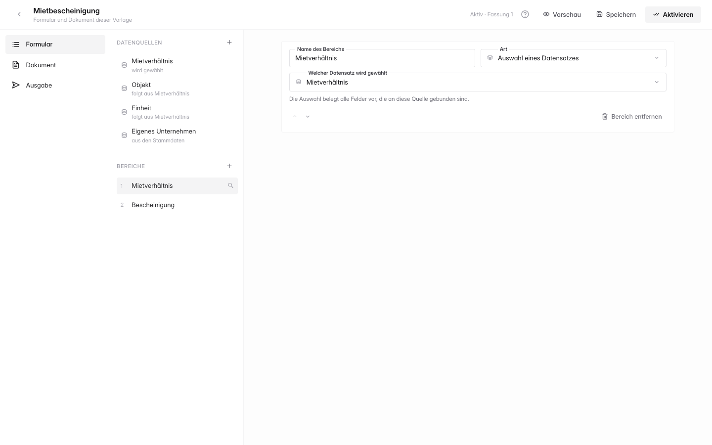Der Formular-Tab mit den Bereichen links und den Feldern eines Abschnitts rechts